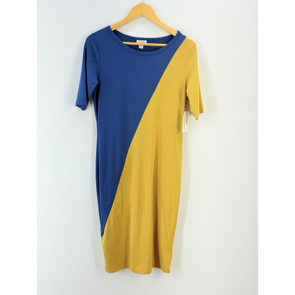 LuLaRoe Julia M Dress Bodycon Mustard Color Blue Stretch Knee Length Comfy Soft - Picture 9 of 13
